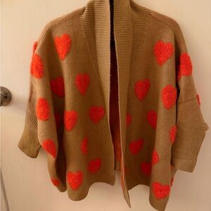 Anthropologie Brown Cardigan with Red Heart Patterns